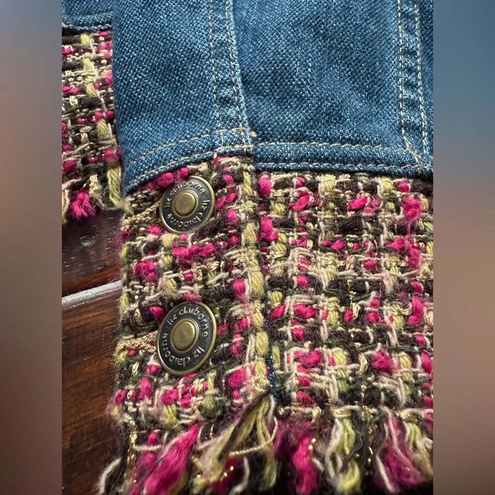 Y2K Liz Claiborne Denim Jean Jacket with Pink Tweed Trim - Picture 4 of 8